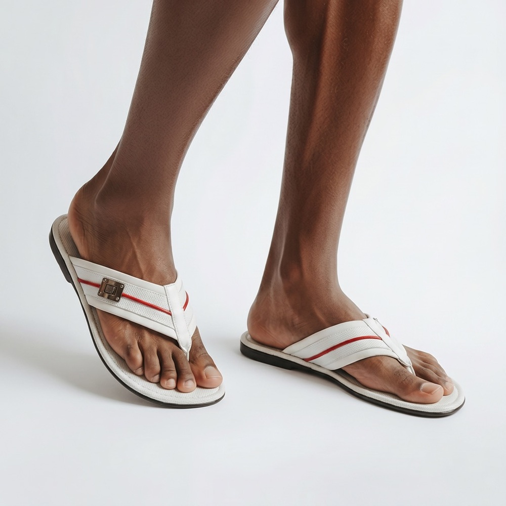 Baldinini Men’s White Leather Comfort Flip-Flop Sandals with Red Stripe